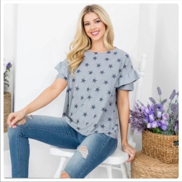 Chris & Carol Star Print Ruffle Sleeve Top — Gray Blue Patriotic Tee - Picture 7 of 9